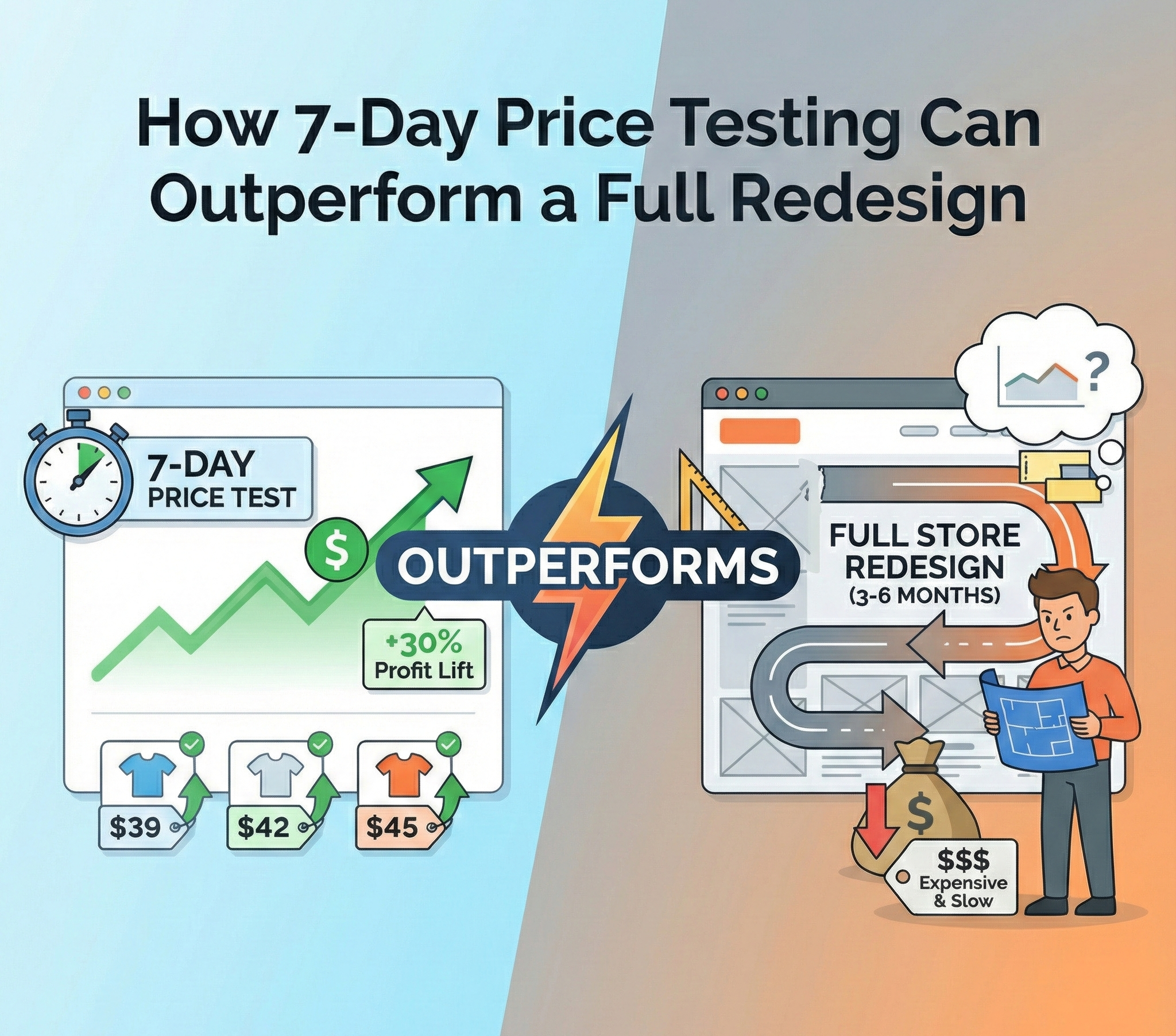 Comparison between a seven-day price test and a full Shopify store redesign