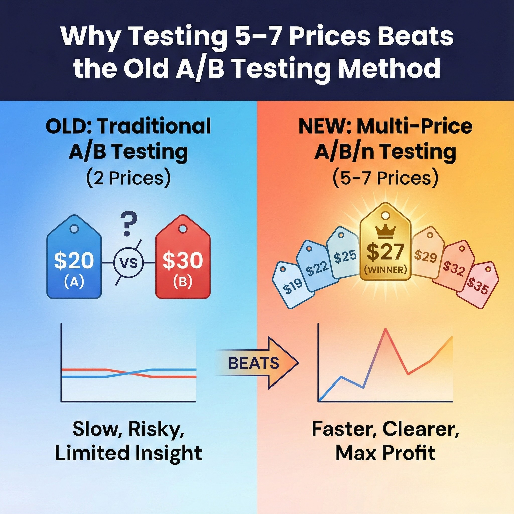 Comparison between traditional A/B testing and multi-price A/B/n testing