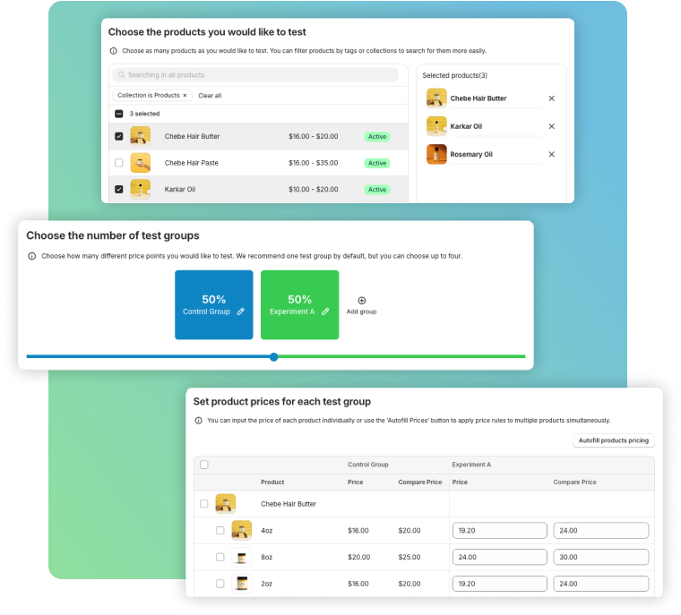 Pricision product selection, test group setup, and product pricing interface